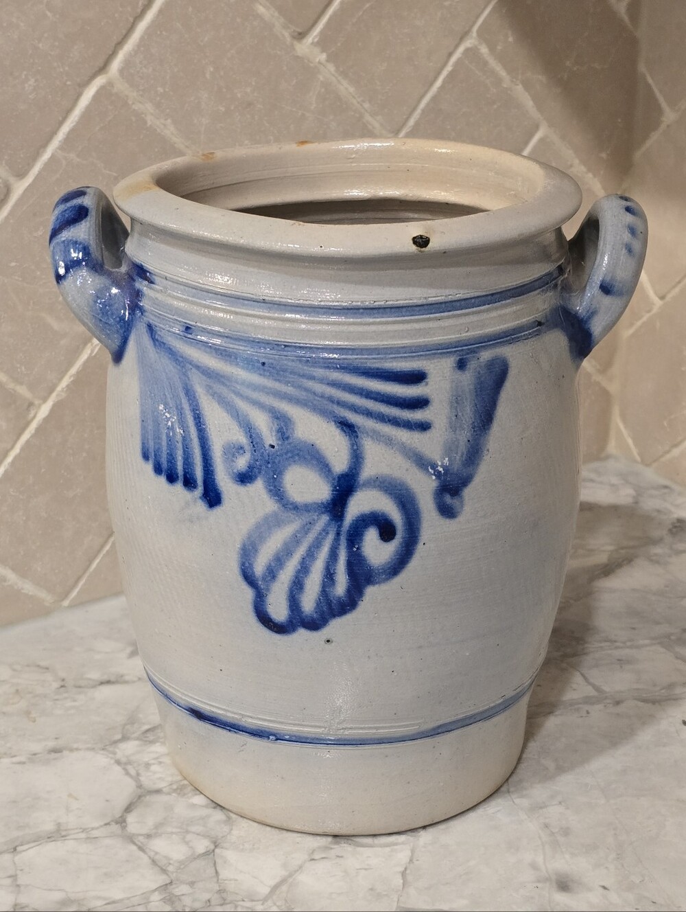 Antique Salt Glazed Cobalt Decorated Crock Stoneware Pot Farmhouse Primative
